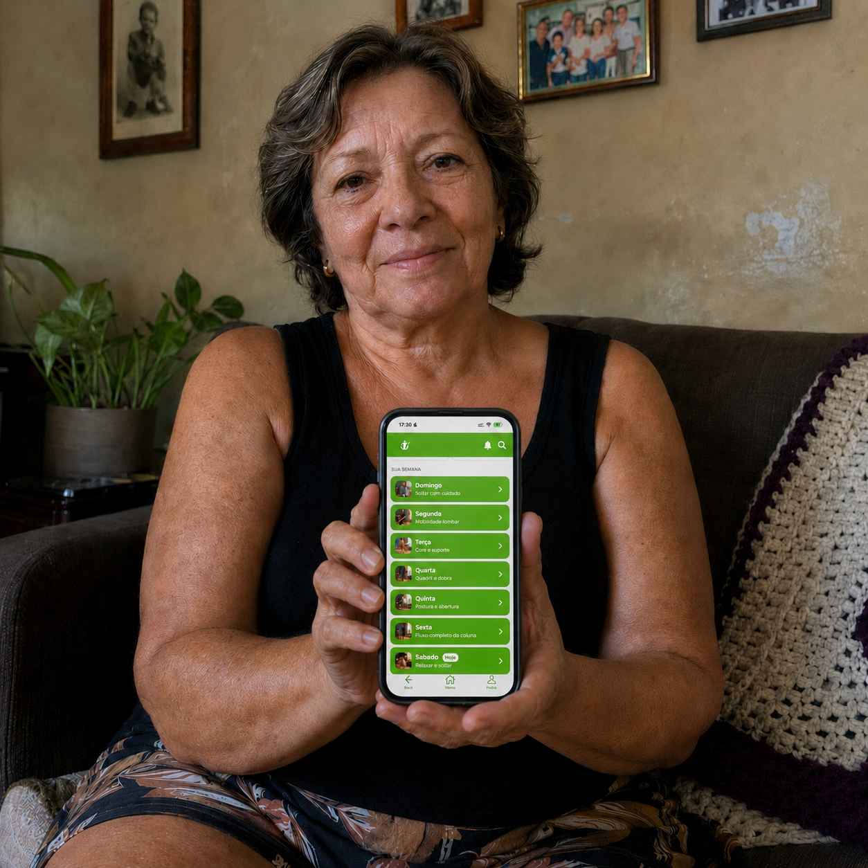 Mulher usando o ColunaZERO no iPhone, com a tela do app visível.